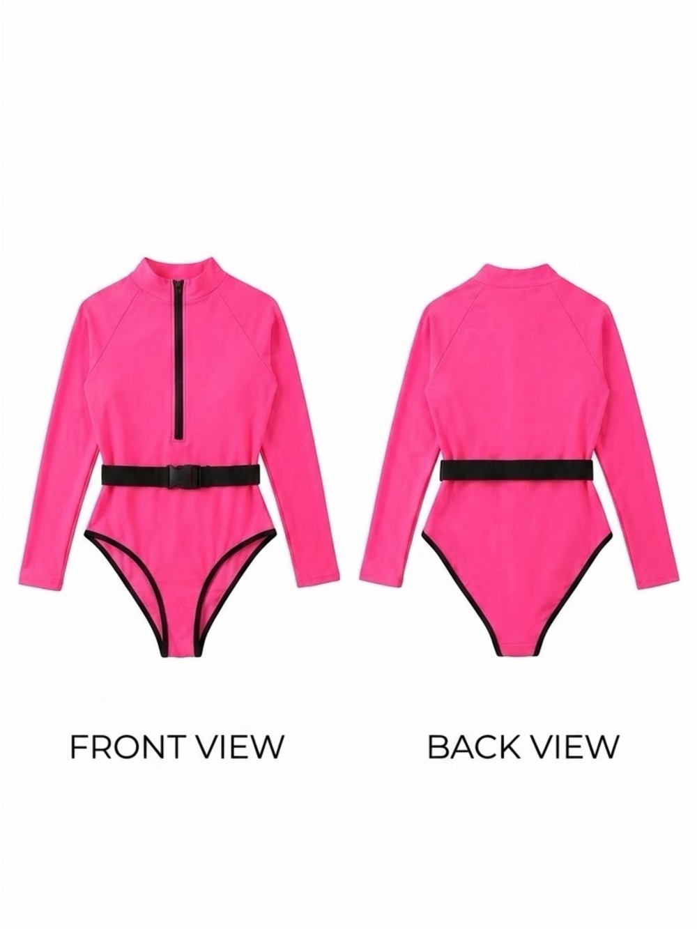 Kids Long-Sleeve Pink Rash Guard One-Piece Swimsuit with Belt